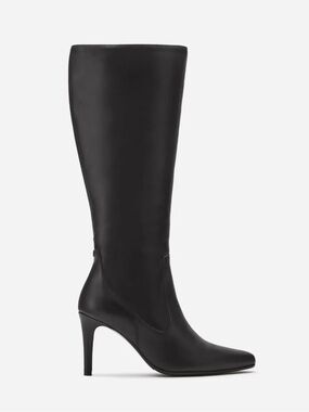 Duo Freya Knee High Leather Pointy Toe Wide Calf Fitted Boots Heels Black
